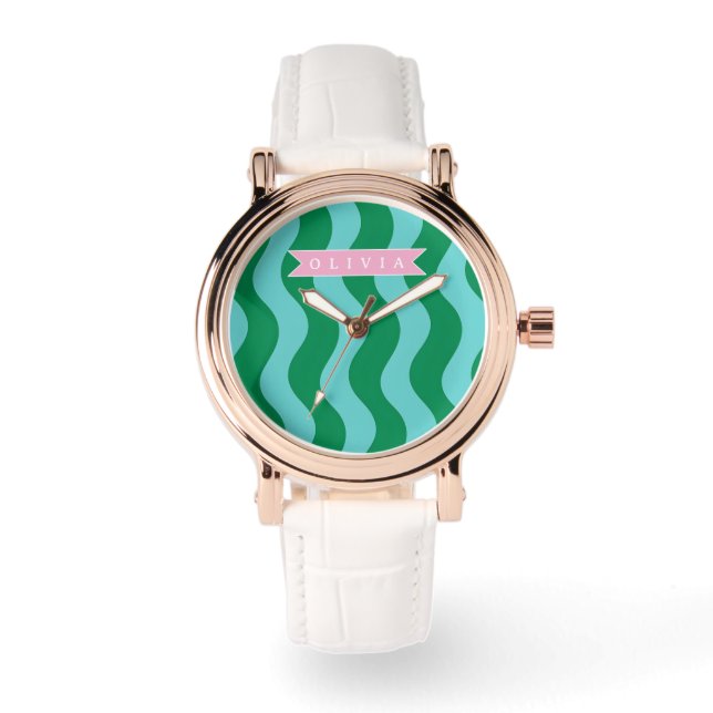 Personalized Modern Fun Green Wave Stripes Custom Watch (Front)