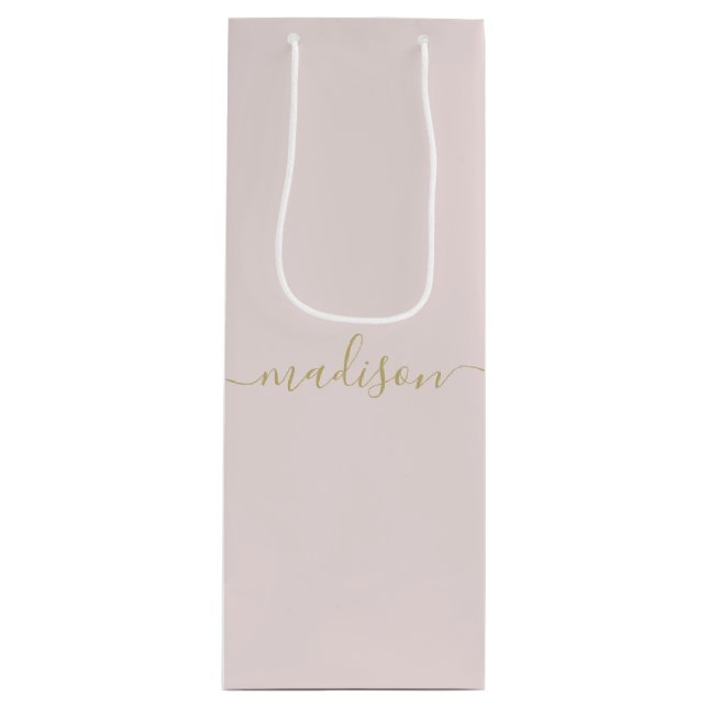 Personalized Modern Girly Gold Script Blush Pink Wine Gift Bag (Front)