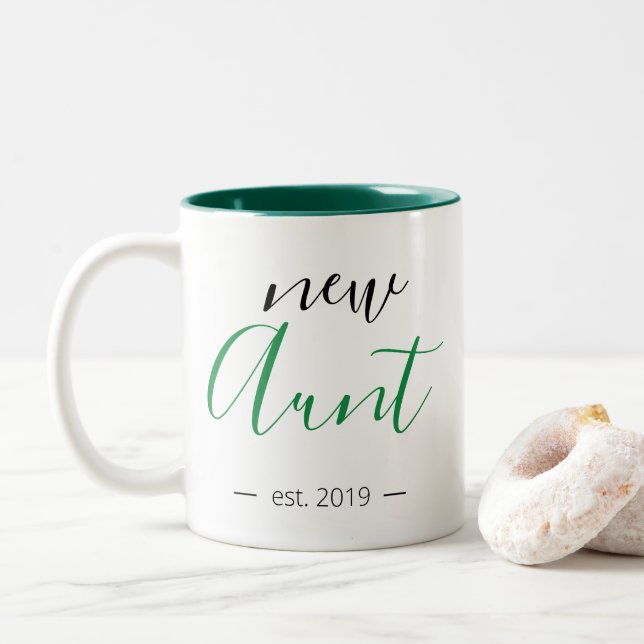 Personalized Modern Girly New Aunt Two-Tone Coffee Mug (With Donut)