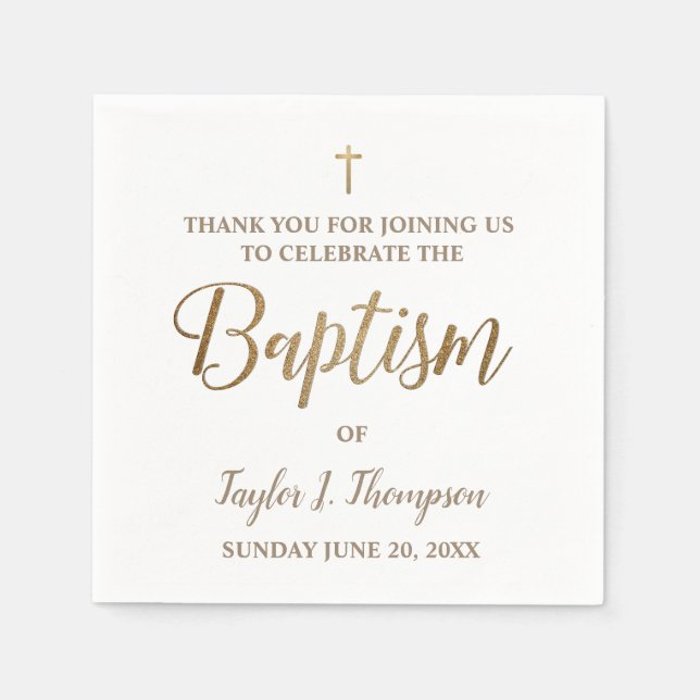Personalized Modern gold and white baptism Napkin (Front)
