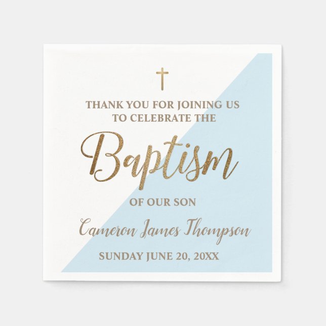 Personalized Modern gold blue and white baptism Napkin (Front)