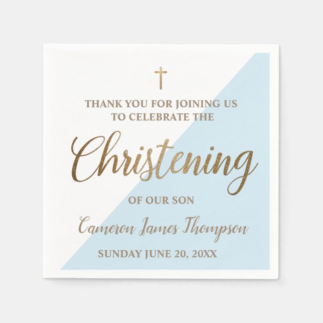 Personalized Modern gold blue Boy Christening Napkin (Front)
