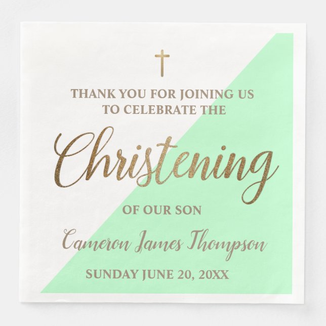 Personalized Modern gold green Boy Christening Napkin (Front)