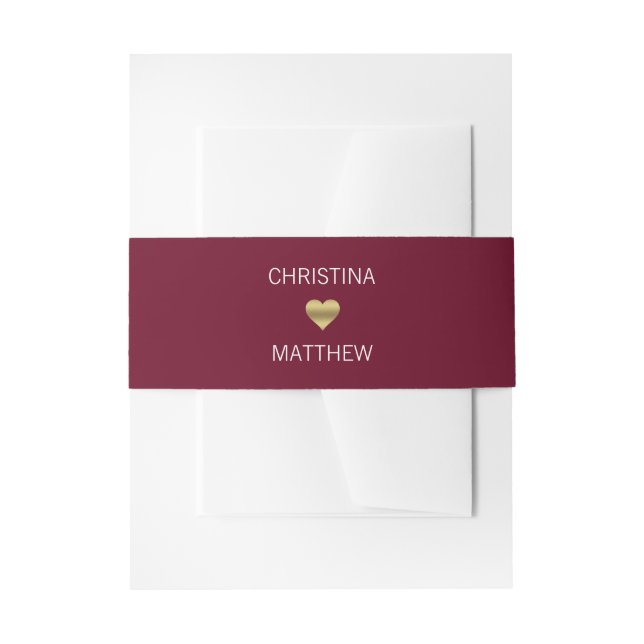 Personalized Modern Gold HEART BURGUNDY Wedding Invitation Belly Band (Front Example)