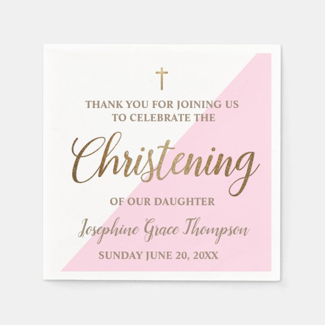 Personalized Modern gold pink girl Christening Napkin (Front)