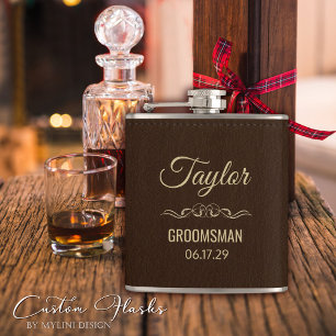 Personalized Modern Gold Script of Brown Leather Hip Flask
