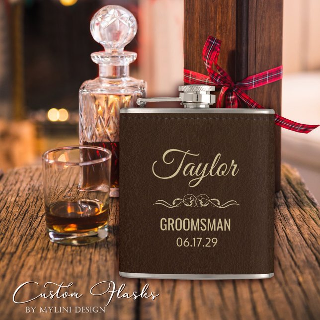 Personalized Modern Gold Script of Brown Leather Hip Flask (Creator Uploaded)