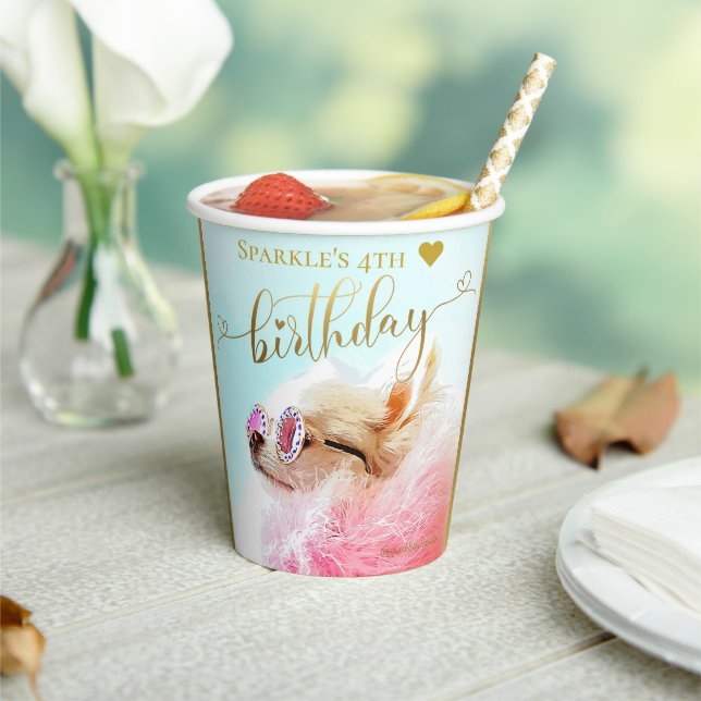 Personalized Modern Gold Script Pet Dog Birthday Paper Cups (Insitu)