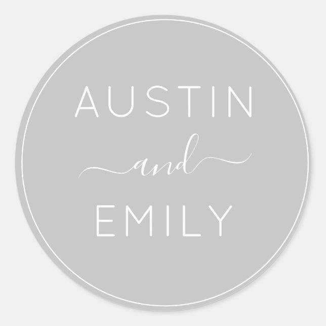 Personalized Modern  Gray white Wedding Classic Ro Round Sticker (Front)