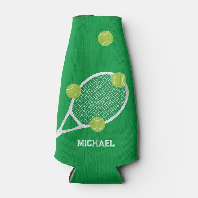 Personalized Modern Green Tennis Racket Ball Bottle Cooler (Front)