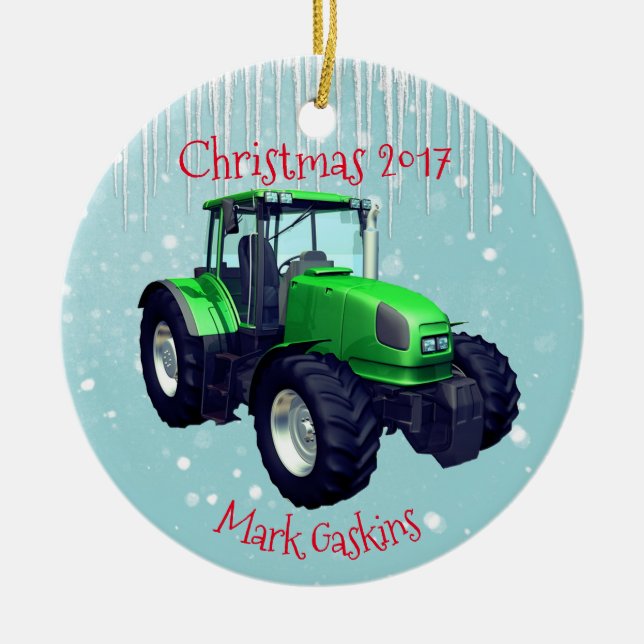 Personalized Modern Green Tractor "Christmas 20XX" Ceramic Ornament (Front)