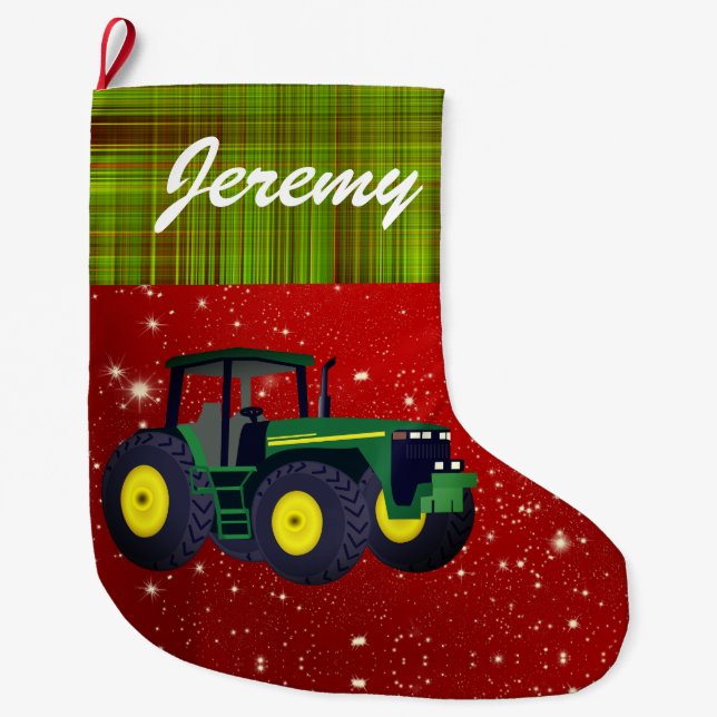Personalized Modern Green Tractor Large Christmas Stocking (Front)
