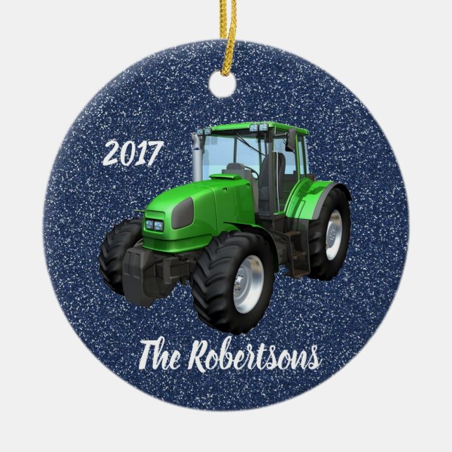 Personalized Modern Green Tractor on Blue Ceramic Ornament (Front)