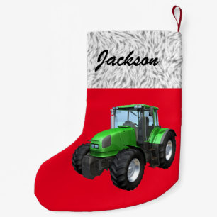 Personalized Modern Green Tractor on Red Small Christmas Stocking