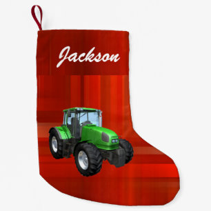 Personalized Modern Green Tractor on Red Small Christmas Stocking