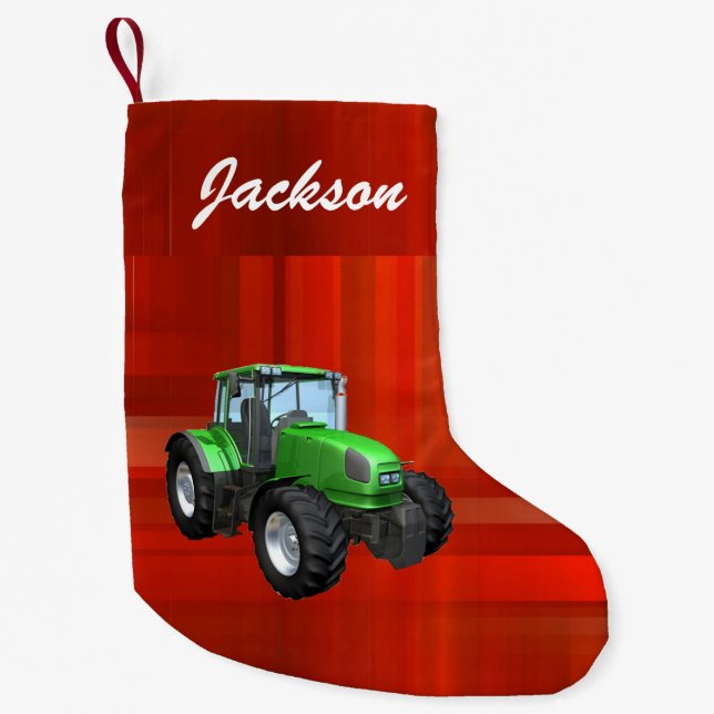 Personalized Modern Green Tractor on Red Small Christmas Stocking (Front)
