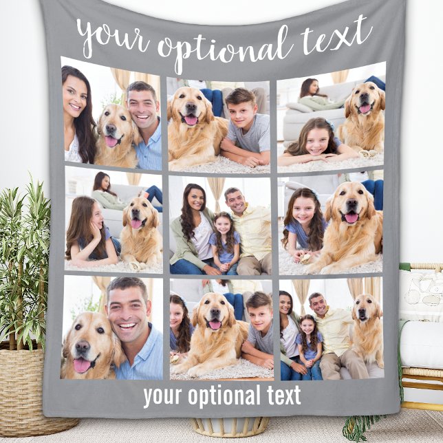 Personalized Modern Grey 9 Photo Collage Fleece Blanket (Creator Uploaded)