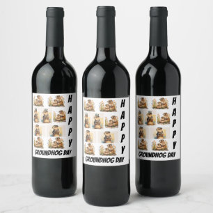 Personalized Modern Groundhog Day 9 Photo Collage Wine Label