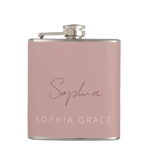 Personalized Modern Handwritten Script Dusty Pink Hip Flask