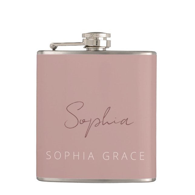 Personalized Modern Handwritten Script Dusty Pink Hip Flask (Front)