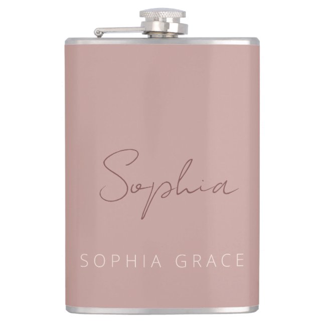 Personalized Modern Handwritten Script Dusty Pink  Hip Flask (Front)