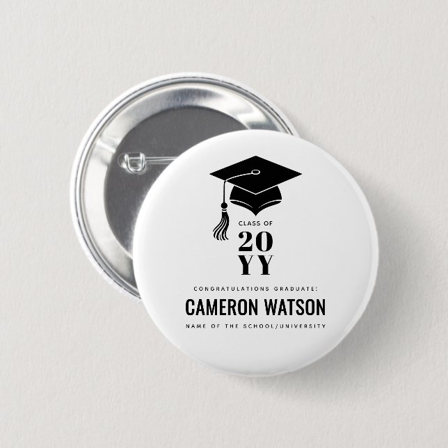 Personalized Modern Hat and Tassel Graduation 2 Inch Round Button (Front & Back)