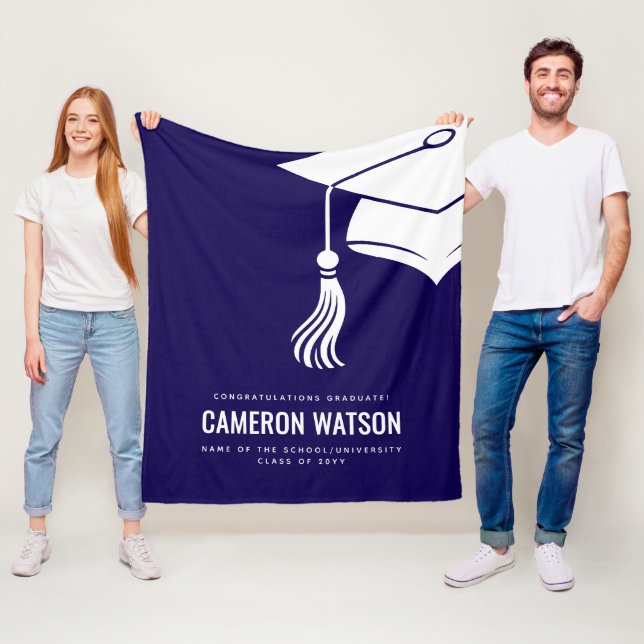 Personalized Modern Hat and Tassel Graduation Fleece Blanket (In Situ)
