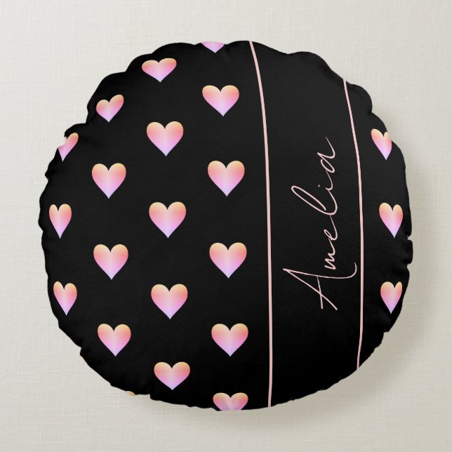 Personalized Modern Hearts Black Pink Round Pillow (Front)
