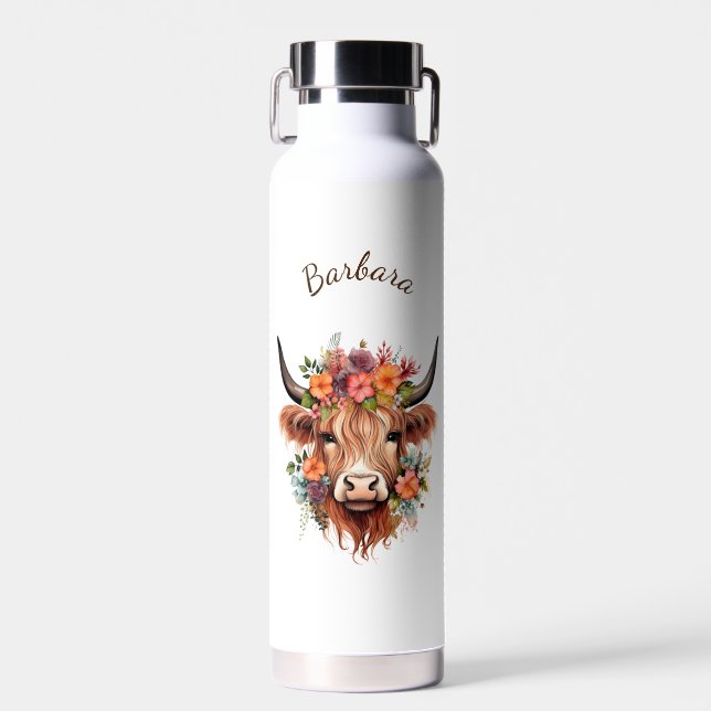 Personalized Modern Highland Cow Water Bottle (Front)