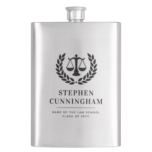 Personalized Modern Law School Graduation Hip Flask (Front)