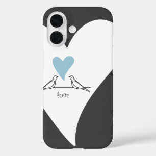 Personalized Modern Love Birds Light Blue Heart iPhone 16 Case