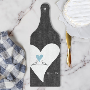 Personalized Modern Love Birds Light Blue Heart Cutting Board