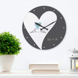 Personalized Modern Love Birds Light Blue Heart Large Clock