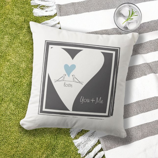 Personalized Modern Love Birds Light Blue Heart Outdoor Pillow (Creator Uploaded)
