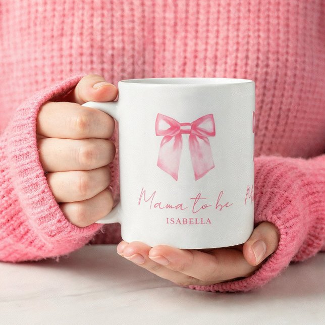 Personalized Modern Mama To Be Pink Bow Mug (An 11-oz mug is shown. Customize it with name and choose mug style and size.)