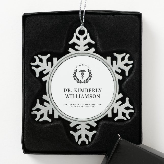 Personalized Modern Medical School Graduation Snowflake Pewter Christmas Ornament (Box)