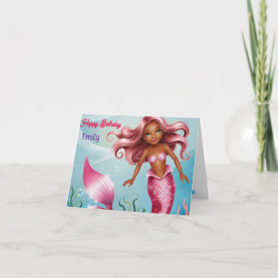 Personalized Modern  Mermaid pink floral birthday Card