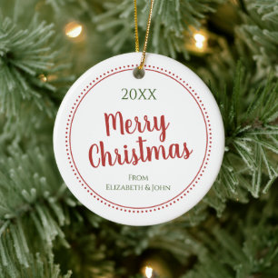 Personalized Modern Merry Christmas Dotted Border Ceramic Ornament