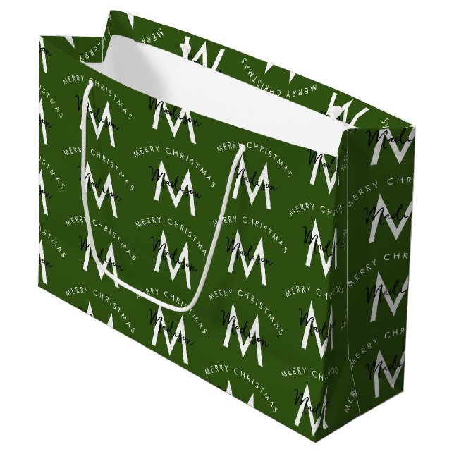 Personalized Modern Merry Christmas Green Monogram Large Gift Bag (Front Angled)