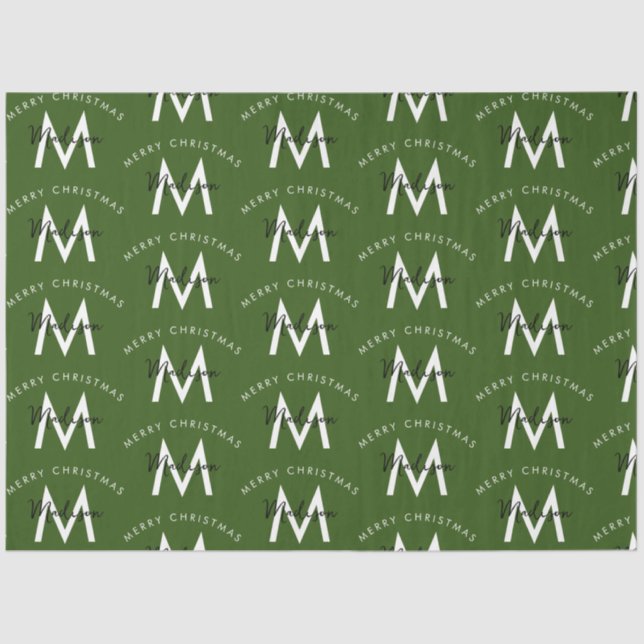 Personalized Modern Merry Christmas Green Monogram Tissue Paper (Front)