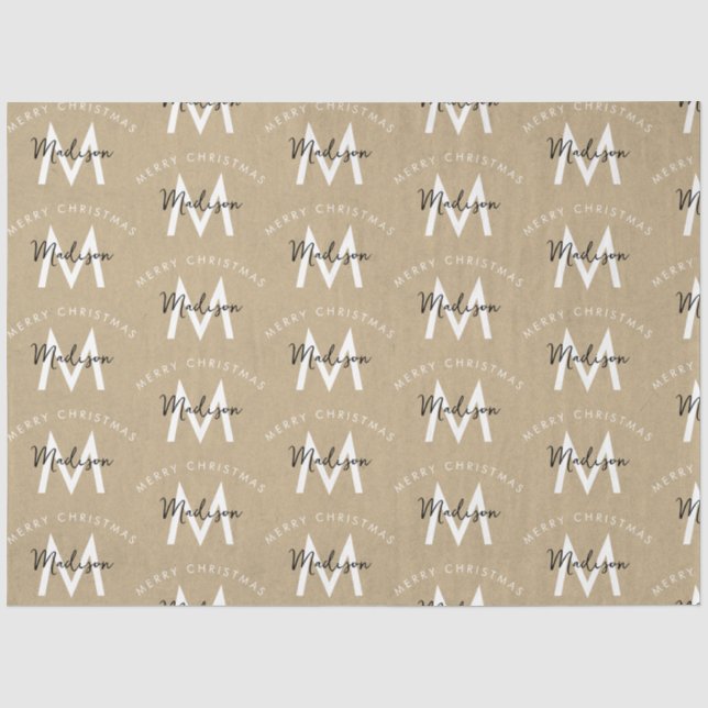 Personalized Modern Merry Christmas Kraft Monogram Tissue Paper (Front)