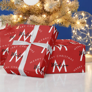 Personalized Modern Merry Christmas Red Monogram Wrapping Paper