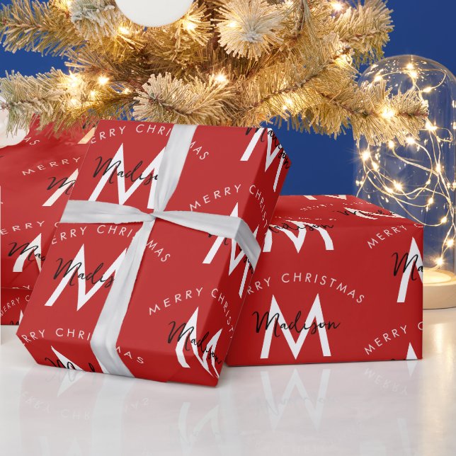 Personalized Modern Merry Christmas Red Monogram Wrapping Paper (Holidays)