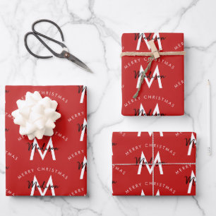 Personalized Modern Merry Christmas Red Monogram Wrapping Paper Sheet