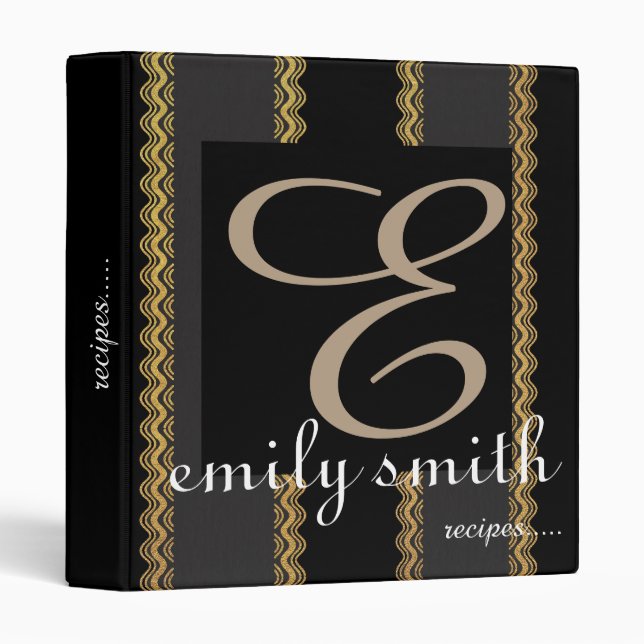 Personalized Modern Monogram Black Recipes Binder (Front/Spine)