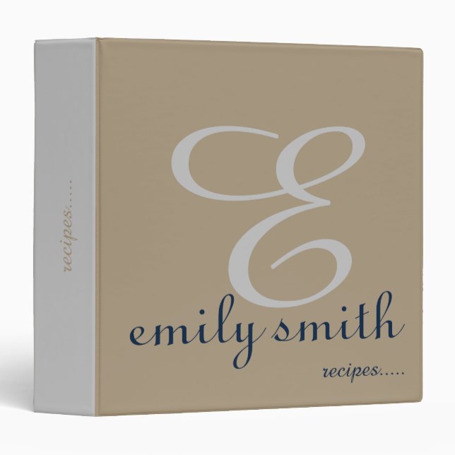 Personalized Modern Monogram Blue Recipes 3 Ring B Binder (Front/Spine)