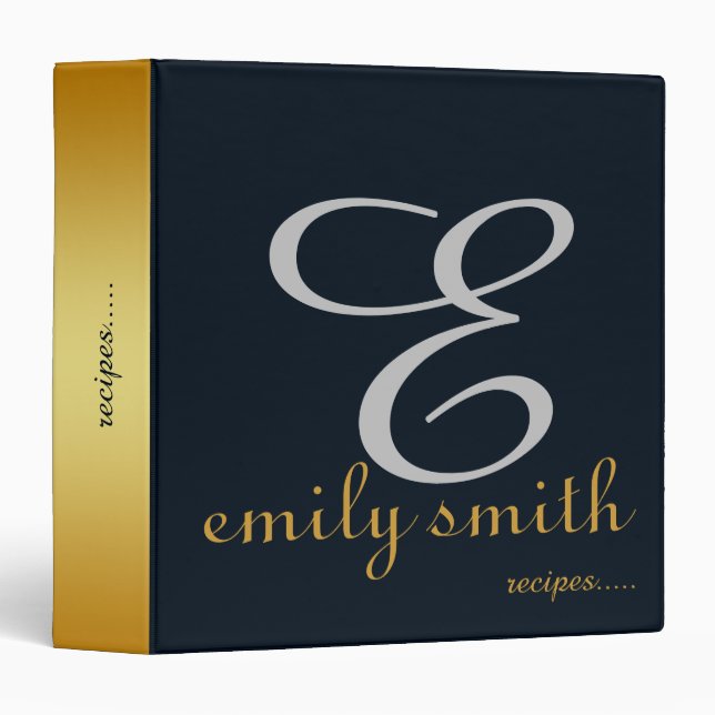 Personalized Modern Monogram Blue Recipes Binder (Front/Spine)