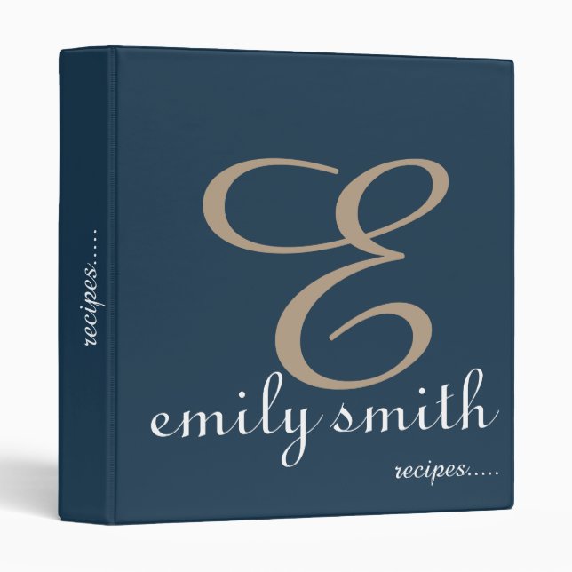 Personalized Modern Monogram Blue Recipes Binder (Front/Spine)