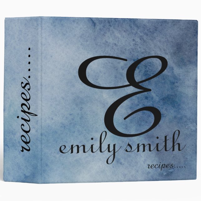 Personalized Modern Monogram Blue Recipes Binder (Front/Spine)