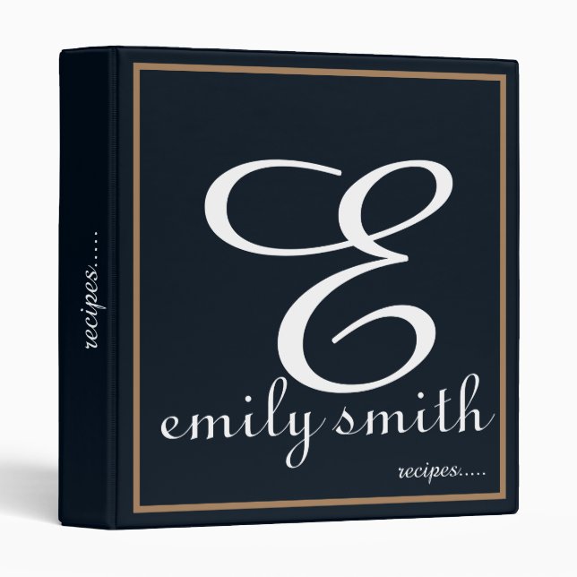 Personalized Modern Monogram Blue Recipes Binder (Front/Spine)